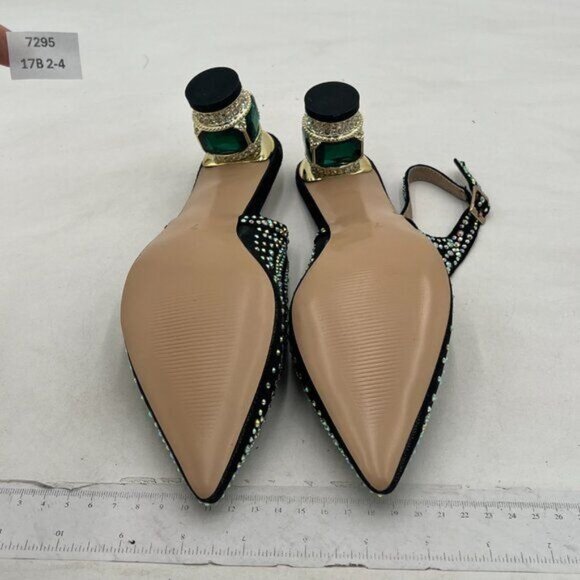 Women Pointed Toe Slingback Wedding Pumps Chunky Low Heel Rhinestone Sandals - Picture 7 of 8